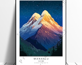 Manaslu Nepal Reise Print Wandbehang Manaslu Wandkunst Bunt Manaslu Print Home Décor Manaslu Berg Illustration Geschenk Art