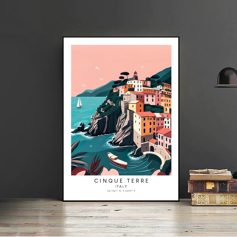 May include: A colorful illustration of the Cinque Terre region of Italy, featuring a seaside village with colorful buildings, a boat in the water, and a pink sky. The text "Cinque Terre, Italy, 44.1461&deg; N, 9.6430&deg; E" is printed below the image.