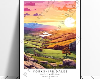 May include: A colorful illustration of the Yorkshire Dales in England, featuring rolling green hills, a winding river, and a vibrant sunset sky. The text "Yorkshire Dales" and "United Kingdom" is displayed at the bottom of the image, along with the coordinates 54.2670° N, 2.0842° W.