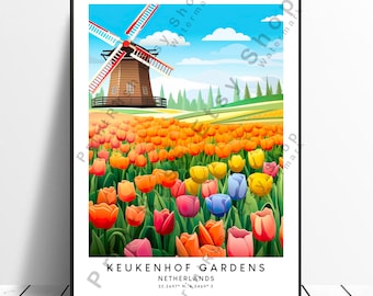 May include: A colourful illustration of a windmill and a field of tulips. The text "KEUKENHOF GARDENS" is at the bottom of the image, along with the text "NETHERLANDS" and the coordinates "52.2697° N, 4.5469° E".