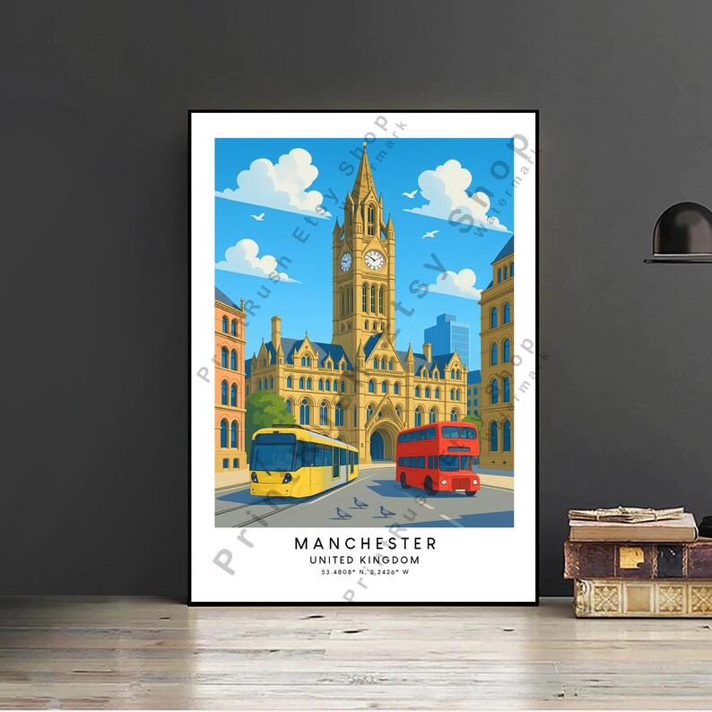 Manchester Poster Manchester Travel Poster Illustration Art Print Travel Wall Poster ...