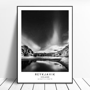 Reykjavik Iceland Travel Print Northern Lights Poster Black and White Reykjavik Wall Art Reykjavik Poster Reykjavik Gift Print