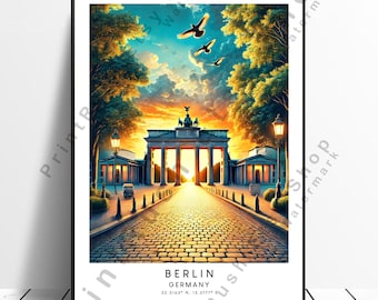 May include: A framed art print of the Brandenburg Gate in Berlin, Germany, at sunset. The image features a cobblestone road leading to the gate, with trees and street lamps on either side. The sky is a mix of orange, yellow, and blue.