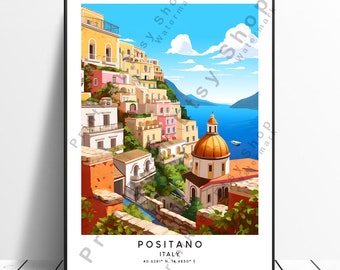 Positano imprimir Italia cartel colorido Positano cartel Positano viaje impresión minimalista Positano pared arte Amalfi costa imprimir regalo de Navidad