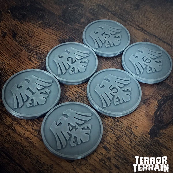 Terror Terrain Objective Markers | Warhammer 40k Raven Guard inspired Double-Sided Objective Tokens | Wargaming | 3D Printed Wargaming