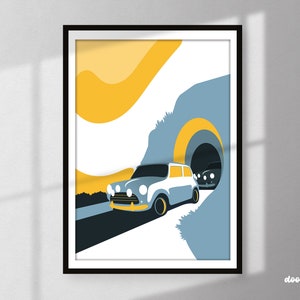 The Italian Job Inspired Print |  Mini Cooper S Minimal Illustration | Car Art Picture | TV and Film Movie Wall Decor