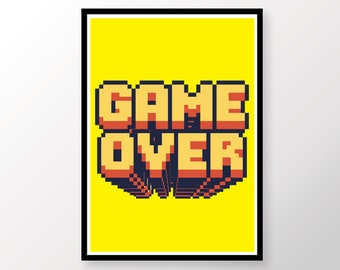 Game Over Print | Gaming Poster | Retro Video Games Typography | Bedroom Gift Picture | Pixel Type Print