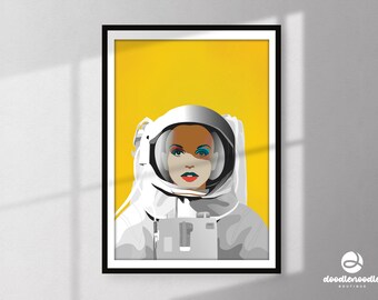 Astronaut Print | A5 | A4 | A3 | Vrouwelijke Space Poster | Universum Illustratie Afbeelding | Glamour Galaxy Cadeau | Sci-fi afdrukken