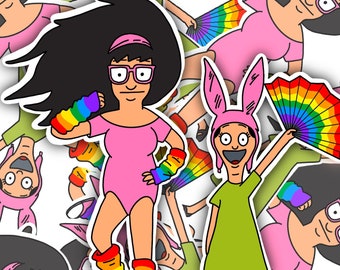 May include: A set of colorful stickers featuring cartoon characters with rainbow accents. The characters are wearing pink, green, and blue clothing and holding rainbow fans.