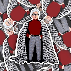 May include: A sticker depicting a person in a red turtleneck, grey plaid trousers, and a black and white houndstooth cape. The person wears glasses and has short, grey hair. The background is filled with similar stickers.