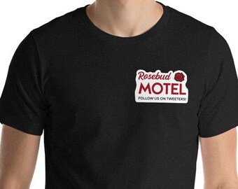 May include: A black t-shirt featuring a red and white graphic of a motel sign that reads "Rosebud Motel" and "Follow us on Twitter".