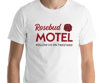 May include: White t-shirt with a red rose and the text "Rosebud Motel" in red. Below the text is the phrase "Follow us on Tweeters!"