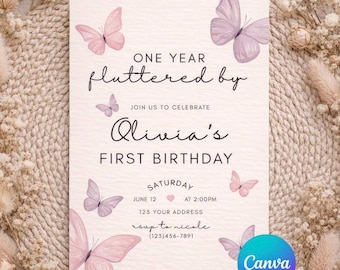 One Year Fluttered By 1st Birthday Digital Invitation | digital download | editable canva template