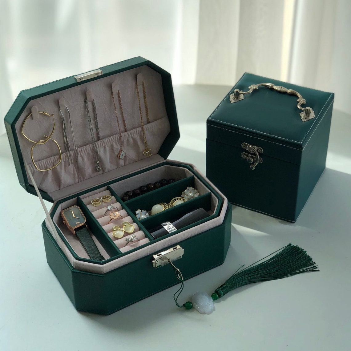 Dark Green Jewelry Box Pu Leather Jewelry Storage Box Retro Etsy