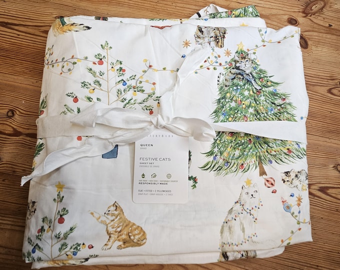 Pottery Barn Festive Cats Queen Flat Sheet – Holiday Kittens, Christmas ...