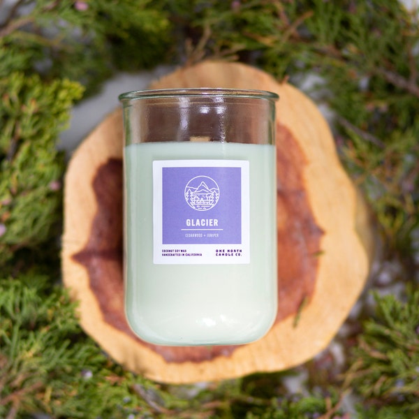 Glacier Candle (Cedarwood + Juniper) | Coconut Soy Wax | Recycled Glass Jar | Eco-Friendly | Travel-Inspired | Montana | National Park