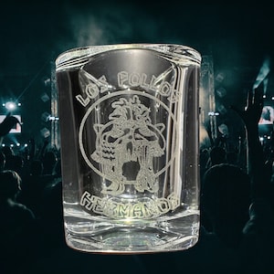 Los Pollos Hermanos Heavy Base Square Shot Glass, 2.2 oz, art work is precision lasered and engraved into the glass.