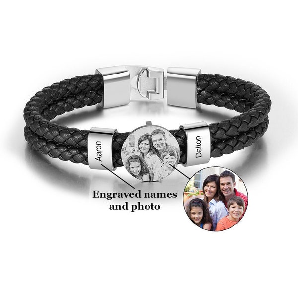 Premium Braided Leather Bracelet with custom beads | Engraved names | Photo bracelet | Kids name bracelet | Gift for Husband, Dad, Boyfriend