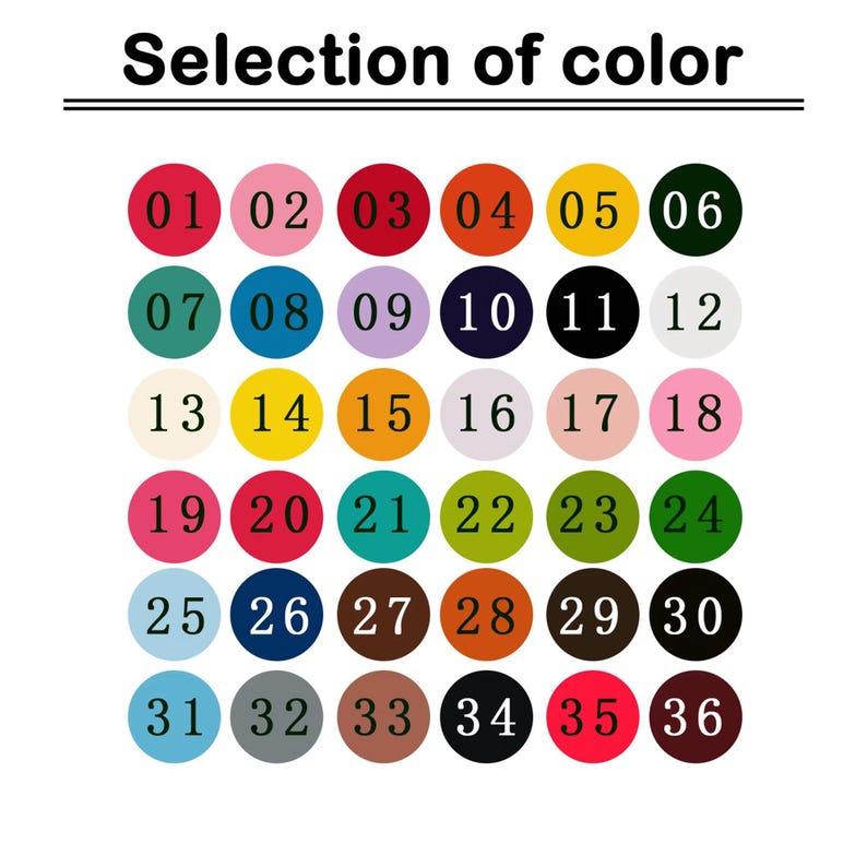 K&ouml;nnte beinhalten: Eine Farbkarte mit 36 Farbmustern, die von 01 bis 36 nummeriert sind. Die Farben reichen von leuchtendem Rot, Orange, Gelb, Gr&uuml;n, Blau, Lila, Rosa und Braun.
