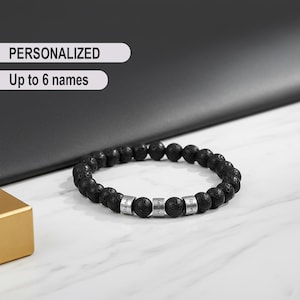 Lava Stone Name Bracelet for Men, Personalized Bead Bracelet with Engraved Kids Names, Custom Dad Bracelet, Christmas Gift for Him