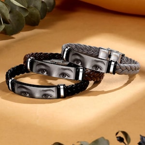 Eye Engraving Bracelet, Braided Leather Bracelet for Men, Custom Eye Photo Bracelet, Personalized Eye Jewelry Gift for Dad or Boyfriend