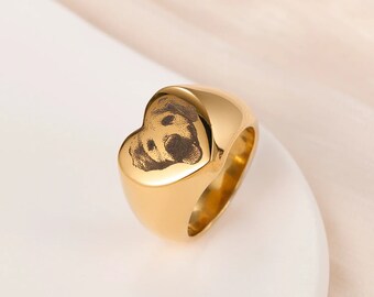 Pet Portrait Ring, Custom Pet Photo Signet Ring with Engraved Dog or Cat, Heart Signet Ring, Pet Memorial Gift for Dog Mom