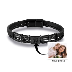 Custom Photo Bracelet for Dad, Leather Name Bracelet for Men, Personalized Gift with Kids' Names for Father's Day or Birthday