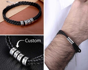 Personalized mens black leather bracelet, Personalized Fathers Day Gift, beaded bracelet, gift for dad, anniversary gift for him