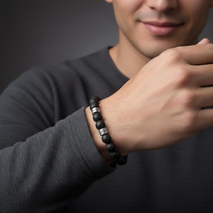 Personalized Name Lava Stone Bracelet for Men, Custom Engraved Bracelet, Christmas Gift for Husband Dad Son