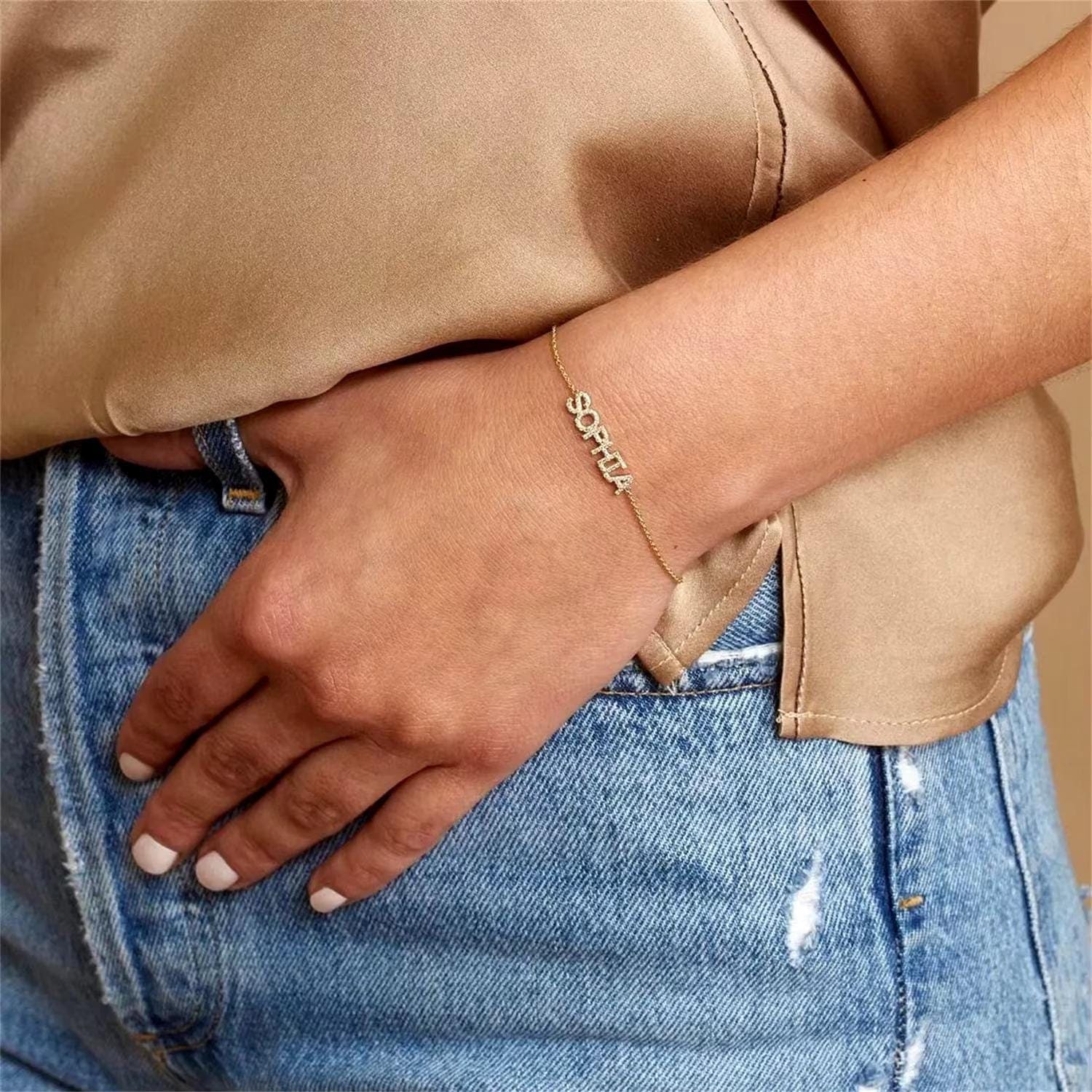 Custom Pave Name Bracelet for Her • Dainty Gold Bracelet with Initials or Name • Personalized Bling Name Bracelet, CZ Name Bracelet