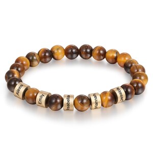 Tiger Eye Dad Bracelet, Custom Beads with Names, Father's Day Gift from Kids, Engraved Men’s Bracelet, Gift for Papa
