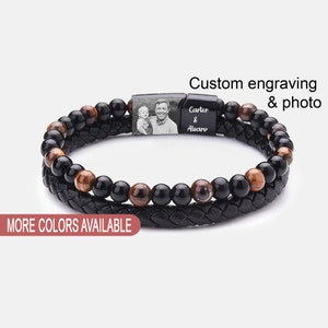 Personalized Layered Beaded Bracelet for Men with Engraved Photo & Text • Mens Bracelet • Photo Bracelet • Gift for husband, dad, boyfriend