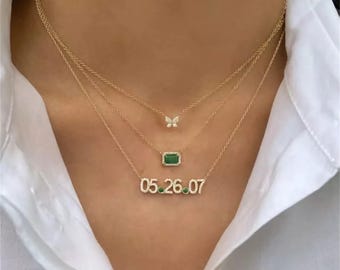 Custom Date Necklace with Birthstones, Pave date Pendant, Personalized Anniversary Jewelry for Wife or Wedding Gift, Date necklace for women
