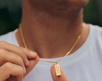 Engraved Bar Necklace for Men, Personalized Vertical Pendant, Vertical Tag Pendant, Custom Minimalist Mens Necklace, Meaningful gift for him