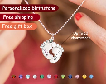 Premium Personalized baby feet necklace with birthstone, baby footprint necklace, necklace for new mom, baby name necklace, gifts for mom