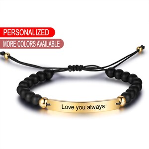 Personalized Beaded Bracelet with Engraved Bar, Couple bracelet, Custom mens bracelet, Bar bracelet for her, Handmade bracelet for boyfriend