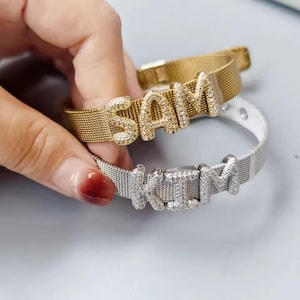 Bubble Letter Name Bracelet, Watch Strap Bracelet with Letters, Adjustable Balloon Initial Jewelry