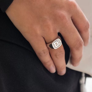 Mens Signet Ring with Initial, Custom Silver Ring for Dad or Husband, Personalized Initial Ring with Side Engraving or Birthstone