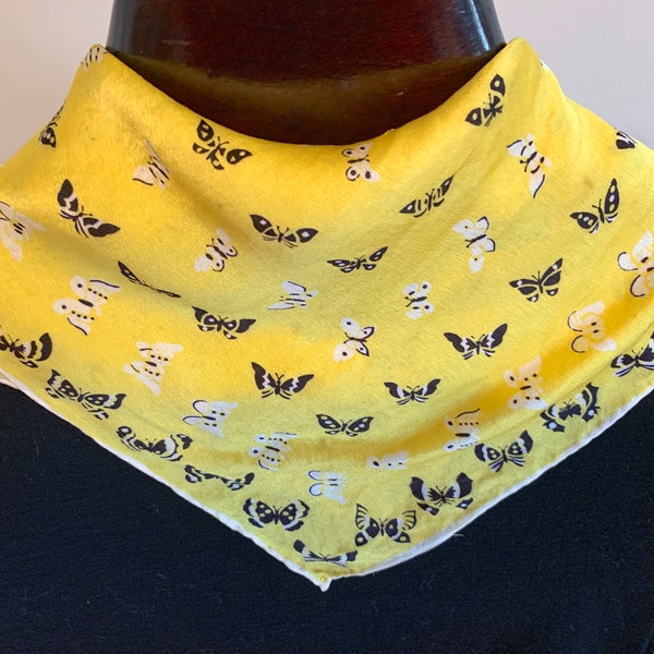 Vintage Butterfly Scarf, Mid Century Yellow Silk Scarf, MCM Butterflies Scarf, Neck Scarf, Purse Scarf, Hair Tie, Mother's Day Gift for Her