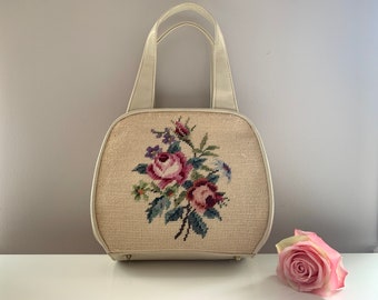 Vintage Rose Purse, Mid Century Adele Handbag Cream White Floral Needlepoint Faux Leather, Made in USA Top Handle Bag, Gift for Her