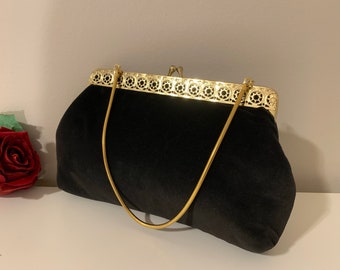 Vintage Black Purse, Velvet Evening Handbag, Gold Tone Celtic Star Clasp, Formal Classic Gala Party Bridal Wedding Bag Holiday Gift for Her