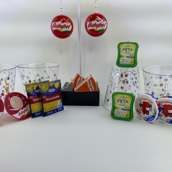 Pendientes de mini marca/Pendientes de campana de bebé/Pendientes de queso rallado/Pendientes de queso feta/Pendientes de vaca que ríe/Mini marcas/Joyería de mini marca
