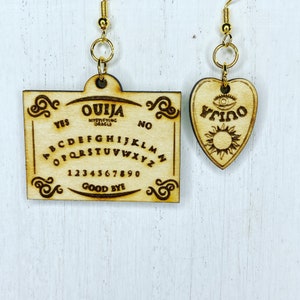 Ouija board and planchette wooden laser engraved spooky earrings