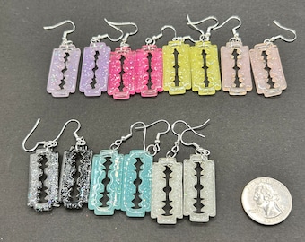 Fake razor blade earrings, big acrylic earrings, fake razor earrings