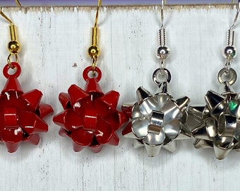 Christmas bow dangle earrings, Holiday earrings, Bow earrings