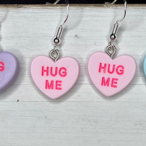 Conversation heart dangle earrings, sweetheart earrings, valentines earrings,Hug me earrings