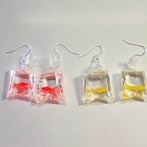 Goldfish in a bag earrings,Carnival earrings,novelty earrings,fish earrings