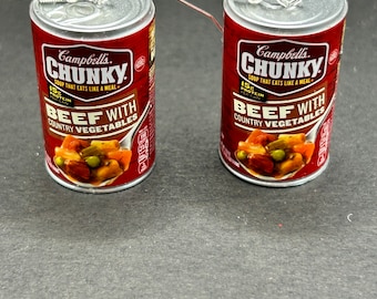 Beef and vegetable soup earrings, Canned soup earrings, food earrings