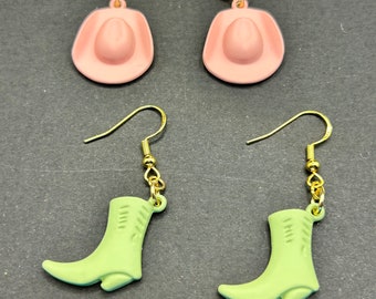 Cowboy hat dangle earrings, cowboy boot dangle earrings, cowgirl hat and boots earrings