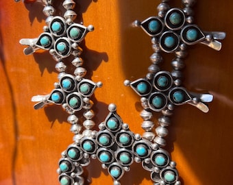 【希少】Indian jewelry KingmanMine turquoise Vintage Navajo Kingman Mine Turquoise Sterling Silver Squash